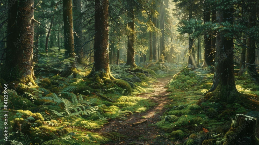 Obraz premium A serene forest pathway illuminated by sunlight, surrounded by lush green trees and moss, creating a peaceful and natural atmosphere.