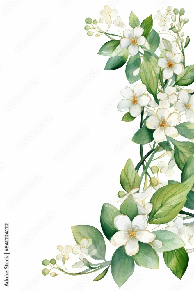 Obraz premium jasmine themed frame or border for photos and text. featuring delicate white flowers and green leaves. watercolor illustration, white color background.