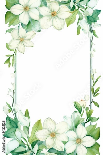 jasmine themed frame or border for photos and text. featuring delicate white flowers and green leaves. watercolor illustration  white color background.