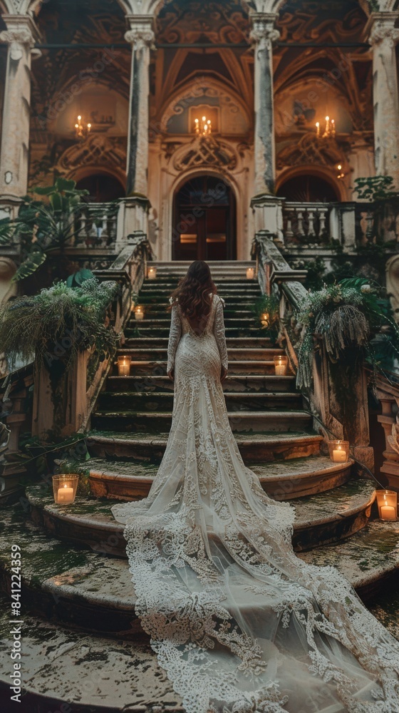 Fototapeta premium A bride walks down stone steps in a historic building