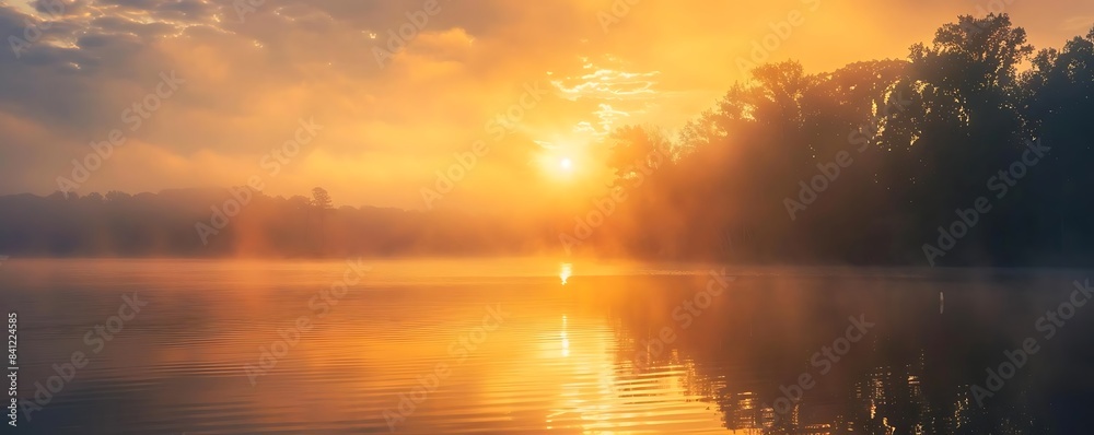 sunset over a serene lake surrounded by tall trees, with an orange sky reflecting on the calm water sunset over a serene lake surrounded by tall trees, with an orange sky reflecting on the calm water