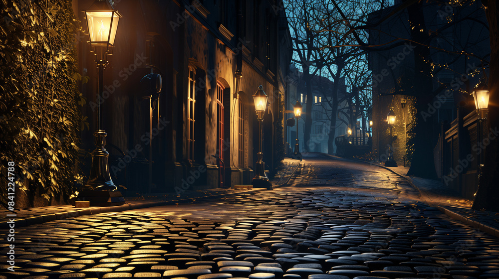 Fototapeta premium Image of a cobblestone street at night, beautifully illuminated by vintage street lamps, capturing the enchanting atmosphere of a quaint old town