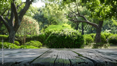 Empty wooden table in a garden or park with lush green trees and bushes  perfect for product display or picnic backdrop.