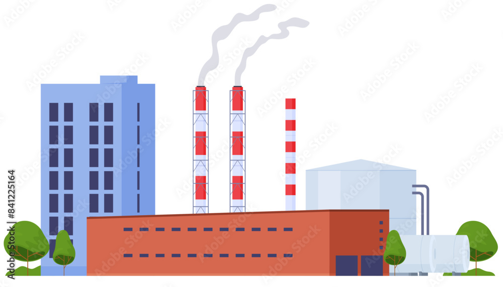 Obraz premium Industrial plants for the production of products, electricity, equipment. Factory complex with pipes. Vector illustration
