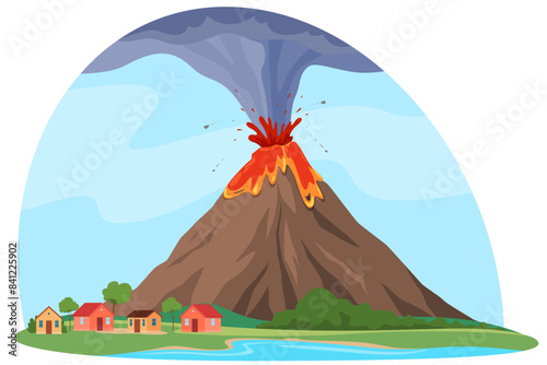 Volcano explosion. A natural disaster of a destructive large-scale nature. Destruction of human habitation. Vector illustration