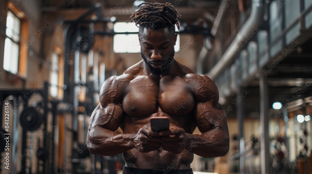 A shirtless man with dreadlocks stands in a modern gym, looking down at his smartphone. A shirtless man with dreadlocks stands in a modern gym, looking down at his smartphone.