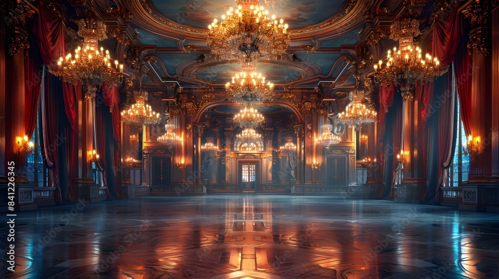 Fototapeta premium Opulent Vintage Ballroom with Ornate Chandeliers and Gilded Mirrors Exuding Luxurious Nostalgia