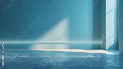 Universal minimalistic blue background for presentation. A light blue wall in the interior with beautiful built-in lighting and a smooth floor