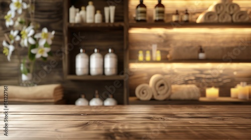 Wooden table over blurred spa salon bathroom shelves background   Generative AI