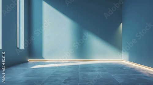 Universal minimalistic blue background for presentation. A light blue wall in the interior with beautiful built-in lighting and a smooth floor