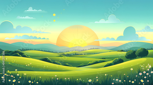 Fototapeta Naklejka Na Ścianę i Meble -  Vector illustration of beautiful fields landscape with a dawn, green hills, bright color blue sky, background in flat cartoon style