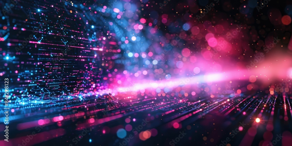 Obraz premium Vibrant abstract with neon lights in blue and pink hues creating a dynamic and futuristic atmosphere.