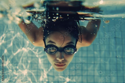 A person swimming laps in an indoor pool while wearing swim goggles for vision protection photo