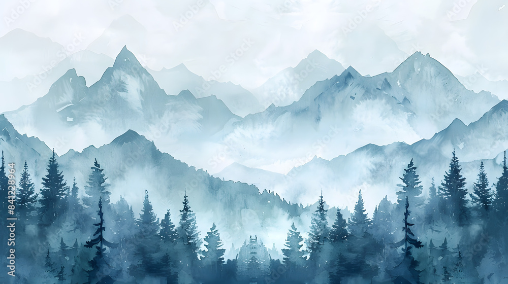 Watercolor landscape of forest and mountains. Wild nature background