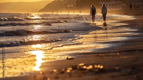 Two people walking along a sandy beach at sunset with golden light reflecting on the waves and shore