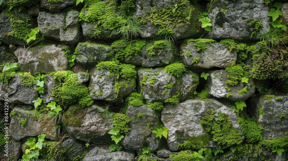 Moss covered stone walls with vegetation growing on them in a medium angle photograph suitable as a background with text or other graphics Moss covered stone walls with vegetation growing on them in a medium angle photograph suitable as a background with text or other graphics