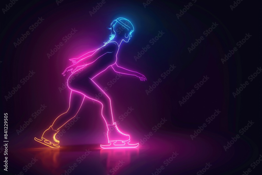 A person rides a skateboard under bright neon lights