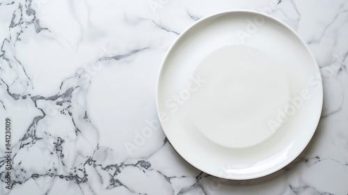 Food flatlay of empty plate on white marble   Generative AI
