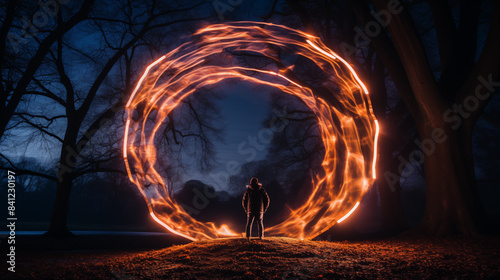 colorful Lightpainting magic circles with silhouette in the dark streets and night photo