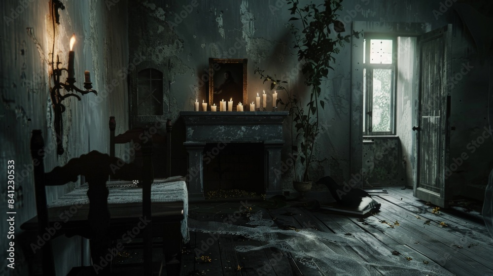 A haunting presence in the corner of a room lit only by the flicker of candlelight A haunting presence in the corner of a room lit only by the flicker of candlelight