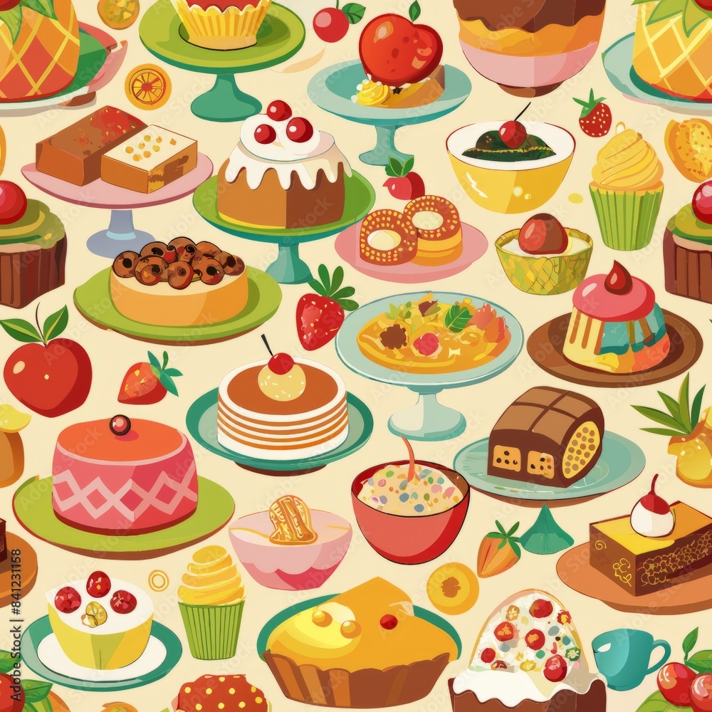 Seamless pattern of assorted dessert plates and serving dishes, showcasing a variety of delicious treats in an appetizing display, Generative AI Seamless pattern of assorted dessert plates and serving dishes, showcasing a variety of delicious treats in an appetizing display, Generative AI