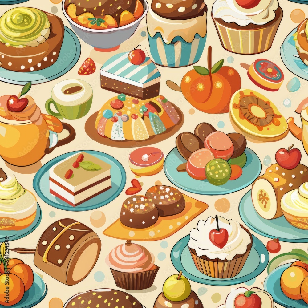 Seamless pattern of assorted dessert plates and serving dishes, showcasing a variety of delicious treats in an appetizing display, Generative AI