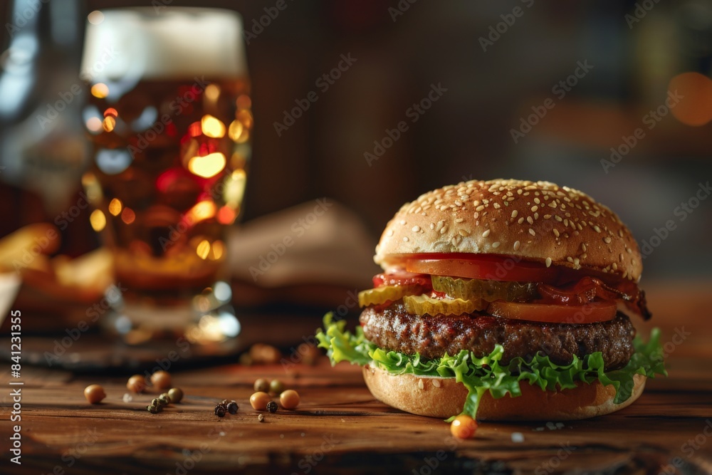Hamburger and beer on table classic staple food pairing