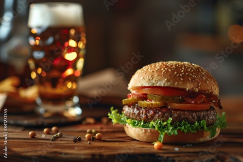 Hamburger and beer on table classic staple food pairing