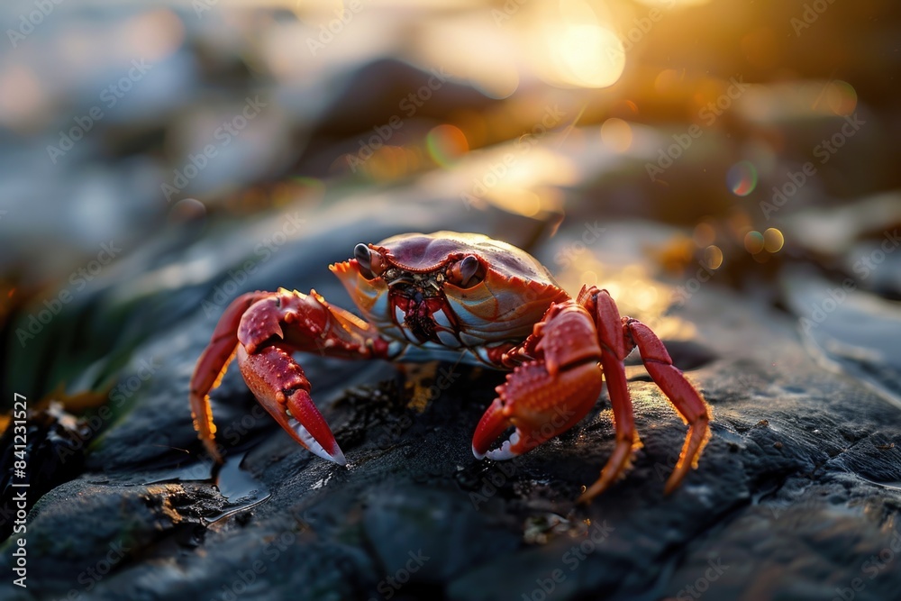 A crab perched on top of a rock overlooking the ocean, perfect for a beach or coastal-themed image A crab perched on top of a rock overlooking the ocean, perfect for a beach or coastal-themed image