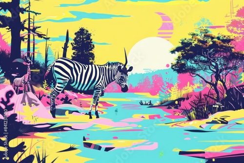 Colorful landscape with zebra standing in the middle of trees and water serene wildlife scene in nature