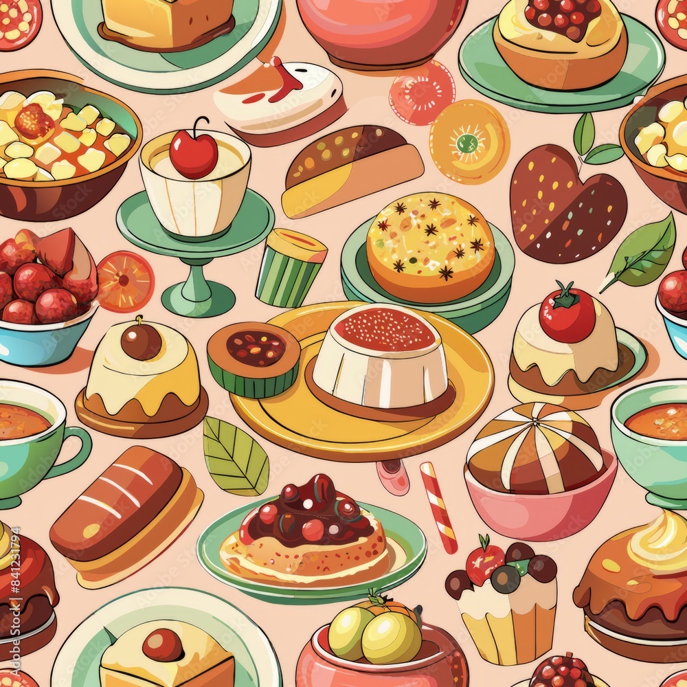 Seamless pattern of assorted dessert plates and serving dishes, showcasing a variety of delicious treats in an appetizing display, Generative AI Seamless pattern of assorted dessert plates and serving dishes, showcasing a variety of delicious treats in an appetizing display, Generative AI
