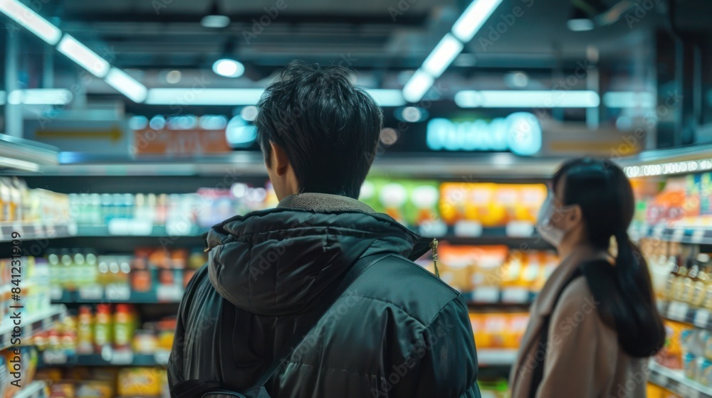 Two people shopping in a store aisle filled with various products on shelves, captured from behind with the focus on their backs.