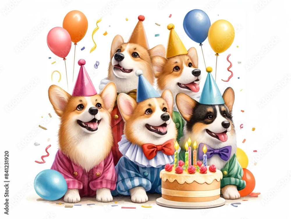 Fototapeta premium Corgis Singing Birthday Song in Clown Costumes Watercolor Illustration