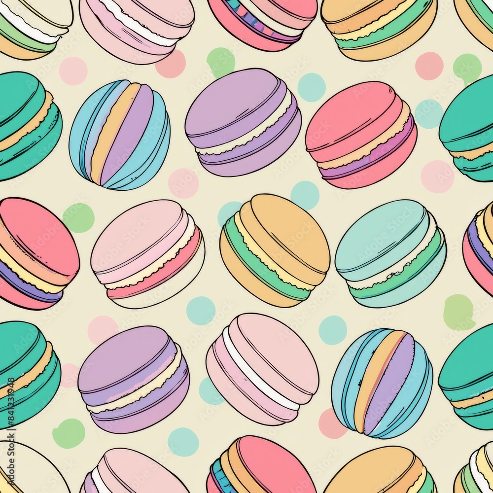 Seamless pattern of assorted macarons in pastel hues, arranged in a delicate and elegant composition, Generative AI Seamless pattern of assorted macarons in pastel hues, arranged in a delicate and elegant composition, Generative AI