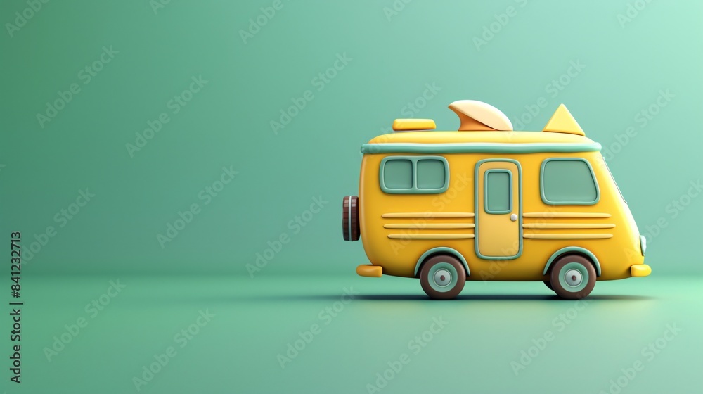 3D illustration of a yellow mini camper van with accessories on a green ...
