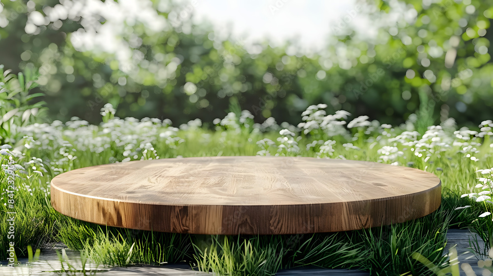 Wood podium in meadow for product presentation and on white background.3d rendering Wood podium in meadow for product presentation and on white background.3d rendering