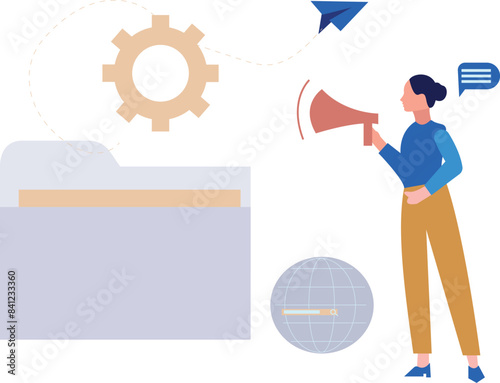 The girl is marketing with a megaphone.