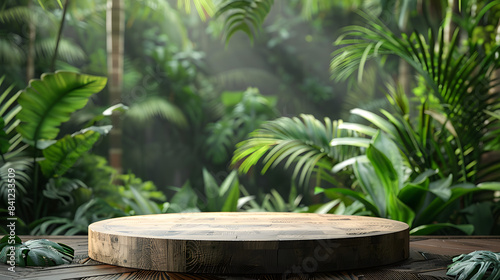 Wooden podium in tropical forest for product presentation and green background.3d rendering