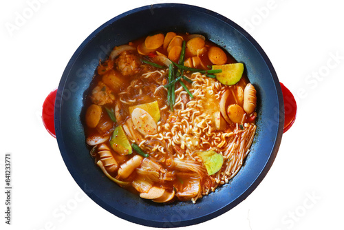 Budae jjigae or army base stew in the pot. Korean traditional hotpot food with white background. photo