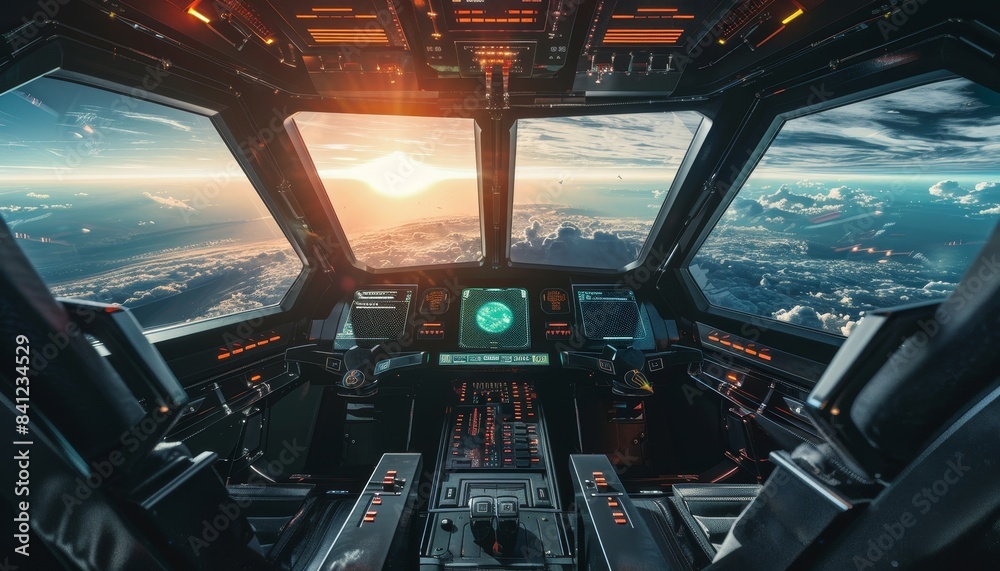 Futuristic spaceship cockpit with holographic displays and a panoramic view of outer space Futuristic spaceship cockpit with holographic displays and a panoramic view of outer space