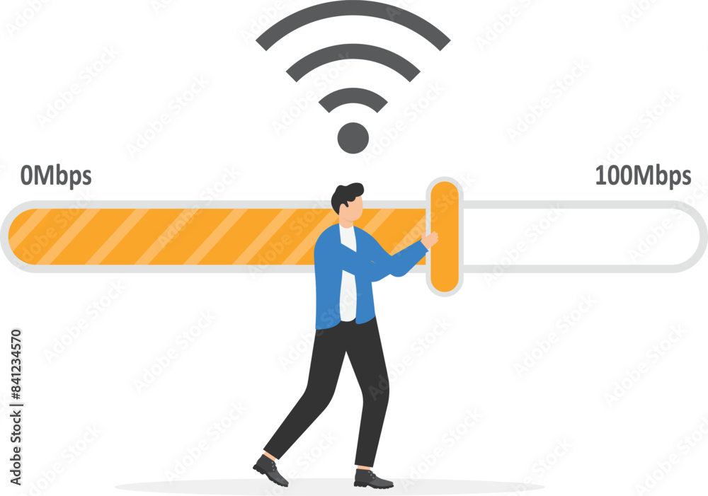 Male user speeds up wireless internet on laptop. Man moves slider on measuring scale. Signal quality improvements, speed optimization.
Male user speeds up wireless internet on laptop. Man moves slider on measuring scale. Signal quality improvements, speed optimization.