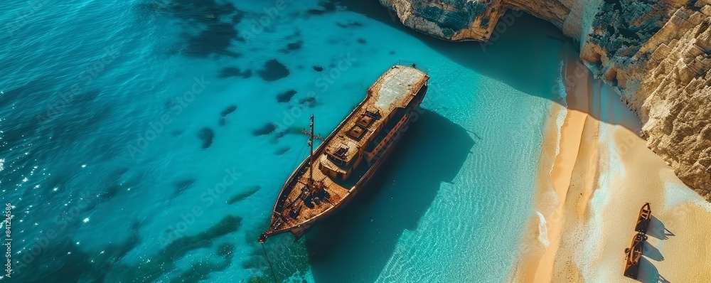 Aerial Drone view of the Navagio Shipwreck Beach, Zakynthos in Greece. Aerial Drone view of the Navagio Shipwreck Beach, Zakynthos in Greece.