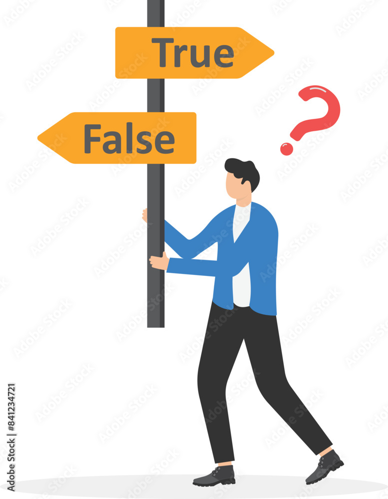 Give your business direction, landing page template. Businessman holding pointers - true and false. Office team is thinking about the right way. Project development, overcoming business obstacles. Vec Give your business direction, landing page template. Businessman holding pointers - true and false. Office team is thinking about the right way. Project development, overcoming business obstacles. Vec