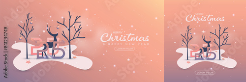 Merry Christmas and Happy new year 2025 greetings concept. Illustration design of reindeer picking Christmas fruit. Elegant christmas design template