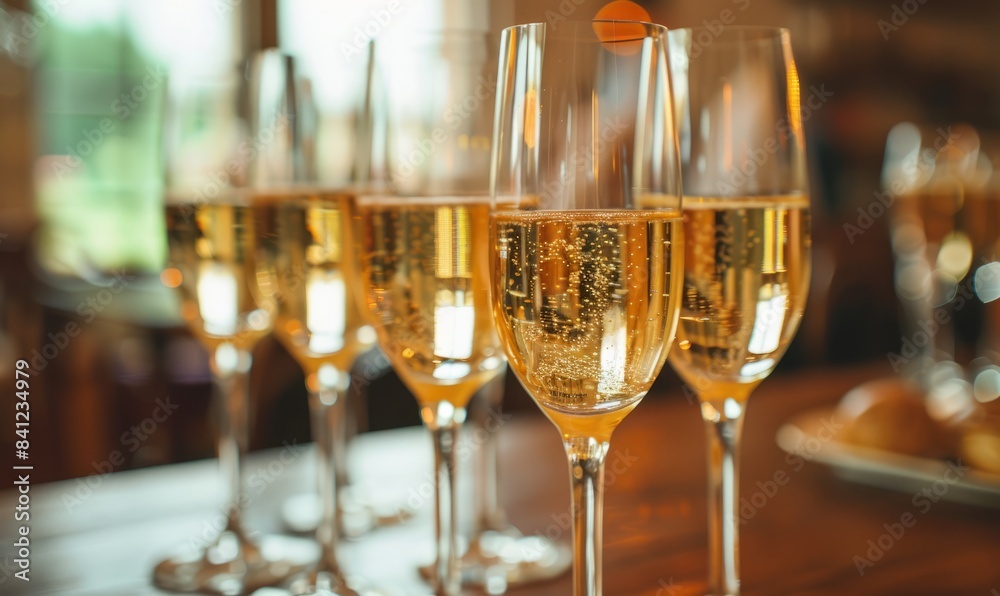 Champagne glasses arranged on a table at a party, closeup Champagne glasses arranged on a table at a party, closeup