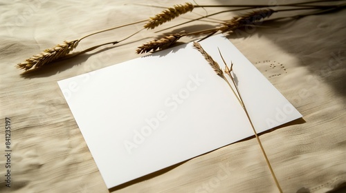 White invitation card mockup with a lagurus on the beige table 5x7 ratio similar to A6 A5 : Generative AI photo