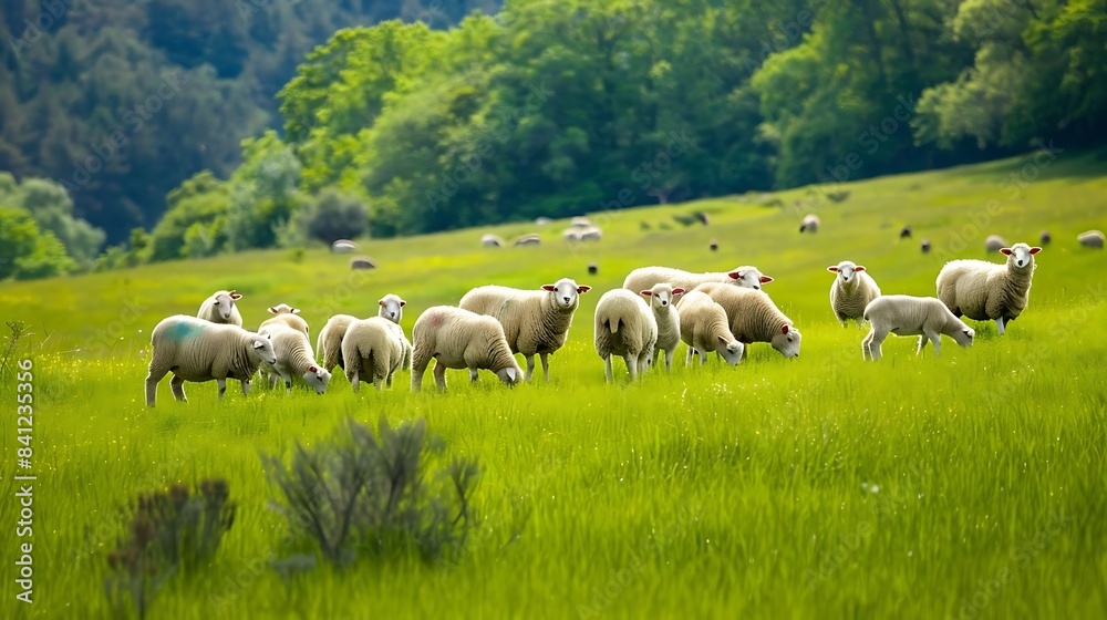a diverse herd of sheep, including white and black individuals, graze in a lush green field surrounded by trees a diverse herd of sheep, including white and black individuals, graze in a lush green field surrounded by trees