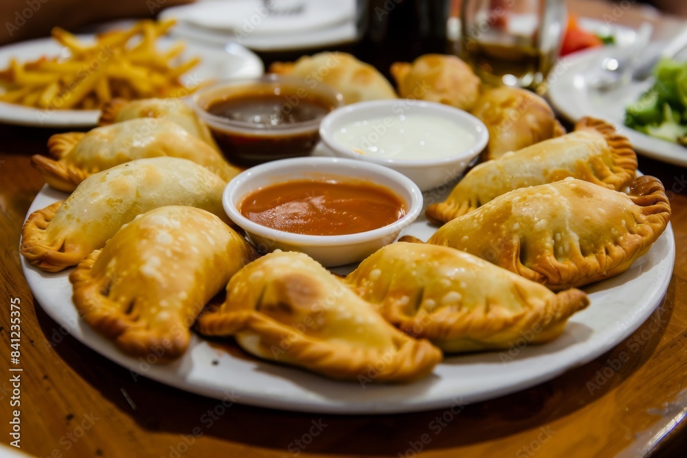 Plate of empanadas with dipping sauces Plate of empanadas with dipping sauces