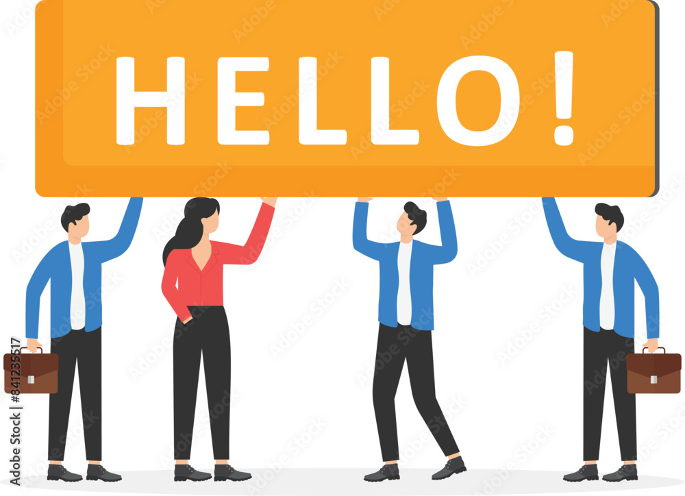 Office colleagues, business team people walking together holding the word HELLO!. Teamwork, partnership concept. Team working together to win business success, cooperation or collaboration. flat vecto Office colleagues, business team people walking together holding the word HELLO!. Teamwork, partnership concept. Team working together to win business success, cooperation or collaboration. flat vecto
