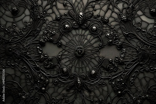 black textured abstract background graceful gothic lace fabric top view photo